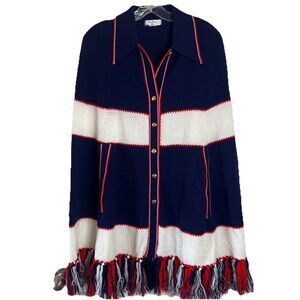Vintage 70's Bee Wear Knit Fringe Red Blue White Poncho Cape Fringe One Size